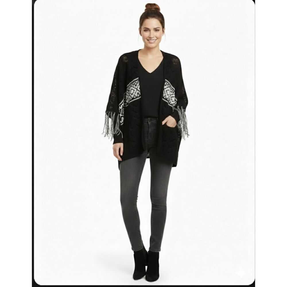 Poof Black and White Tribal Print Knit Cardigan Sweater Fringe Accents